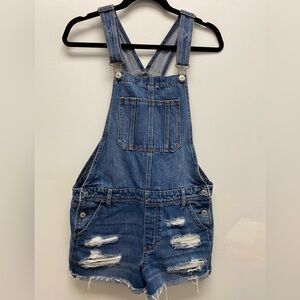 American Eagle Outfitters Blue Denim Shortalls Distressed Overalls Size M